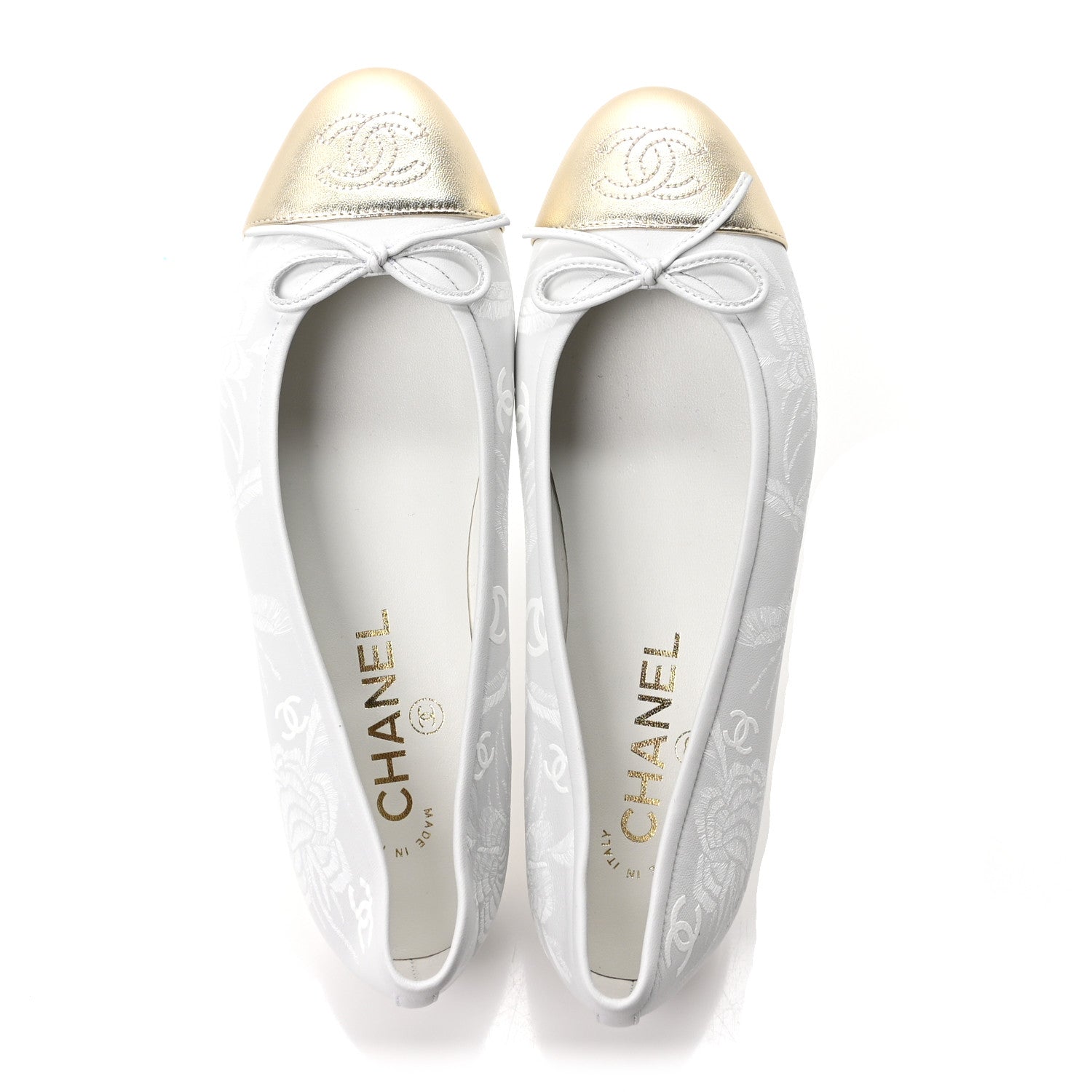 Chanel Lambskin Metallic Lambskin Cap Toe CC Ballet Flats 36 White Gold 2 of 9