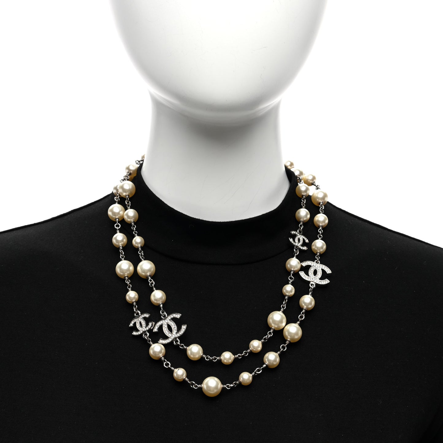 Graduated Pearl Crystal CC Long Necklace Silver