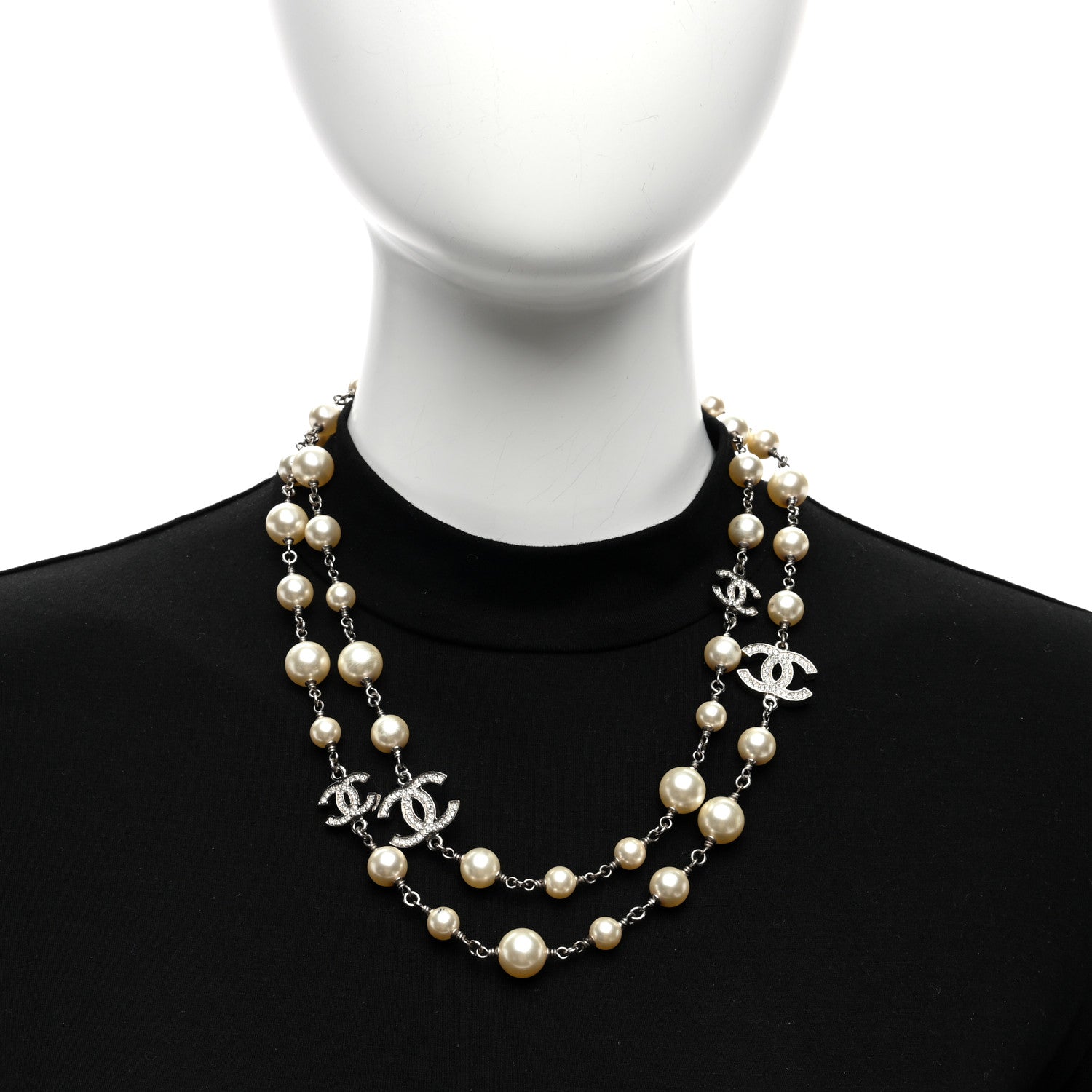 Chanel Graduated Pearl Crystal CC Long Necklace Silver 3 of 5
