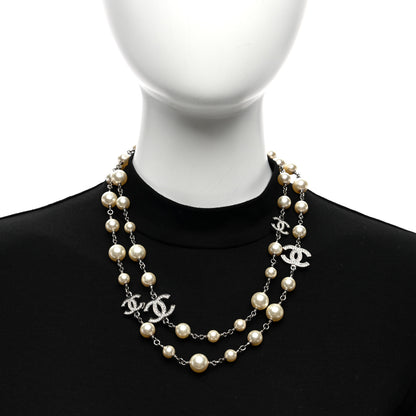 Chanel Graduated Pearl Crystal CC Long Necklace Silver 3 of 5