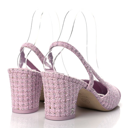 Chanel Tweed Lambskin Cap Toe CC Slingback Pumps 38 Pink 4 of 9