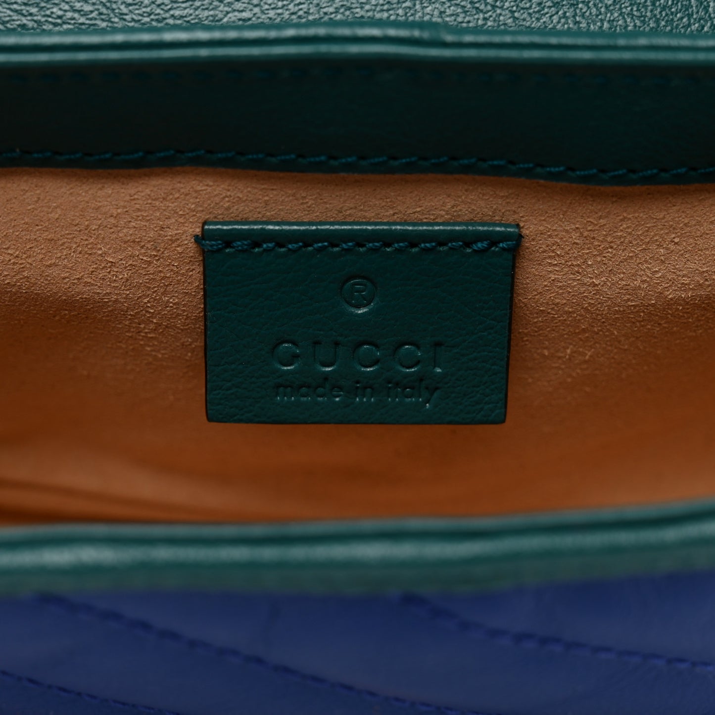 Azalea Calfskin Enamel Matelasse Diagonal Super Mini Torchon GG Marmont Shoulder Bag Imperial Blue Pavone