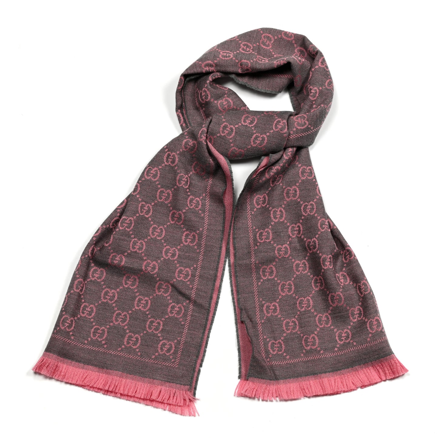 Wool Jacquard GG Monogram Sten Fringe Scarf Graphite Pink