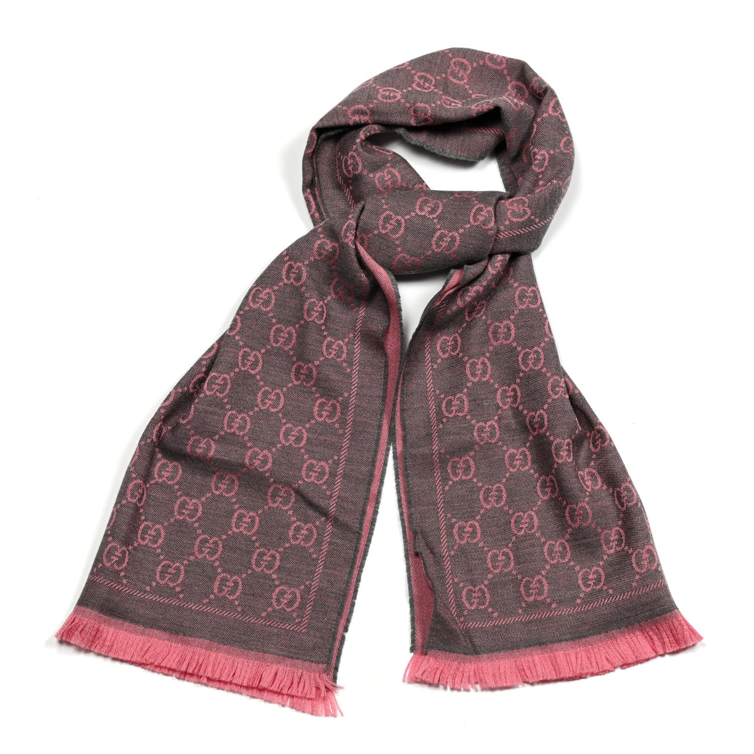 Gucci Wool Jacquard GG Monogram Sten Fringe Scarf Graphite Pink 2 of 10