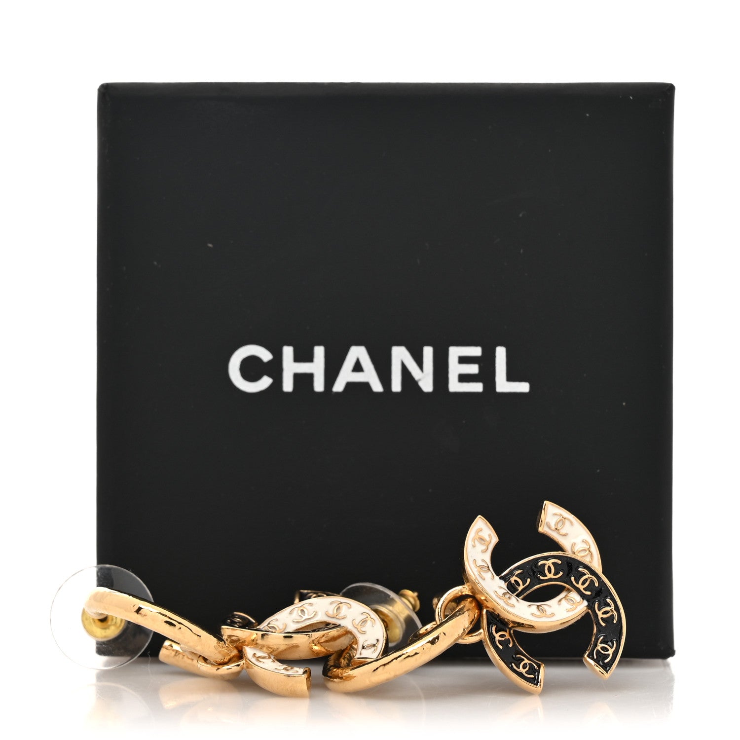 Chanel Enamel CC Hoop Drop Earrings Black White Gold 5 of 5
