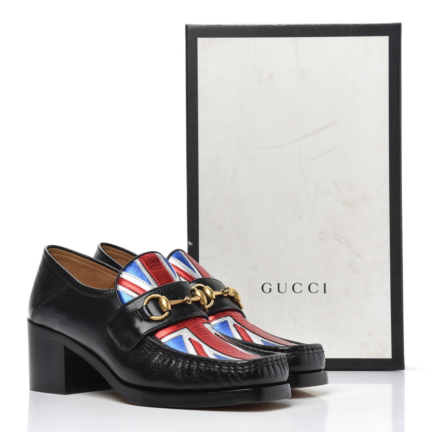 Lambskin Union Jack Horsebit Loafer Pumps 38 Black