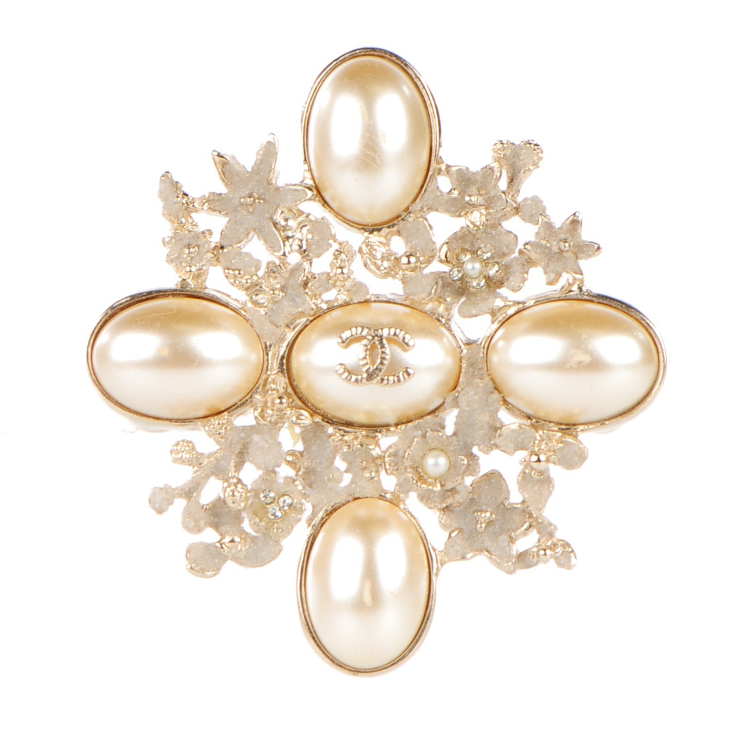 Crystal Mother of Pearl CC Flower Brooch Gold