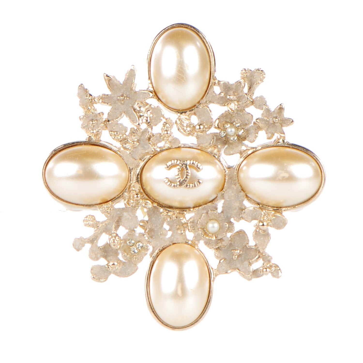 Chanel Crystal Mother of Pearl CC Flower Brooch Gold 1 of 5