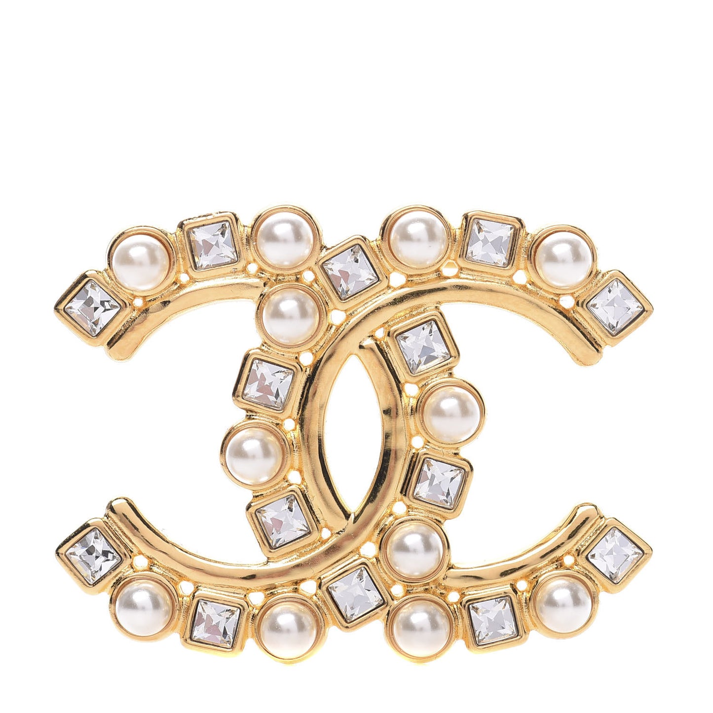 Pearl Crystal CC Brooch Gold