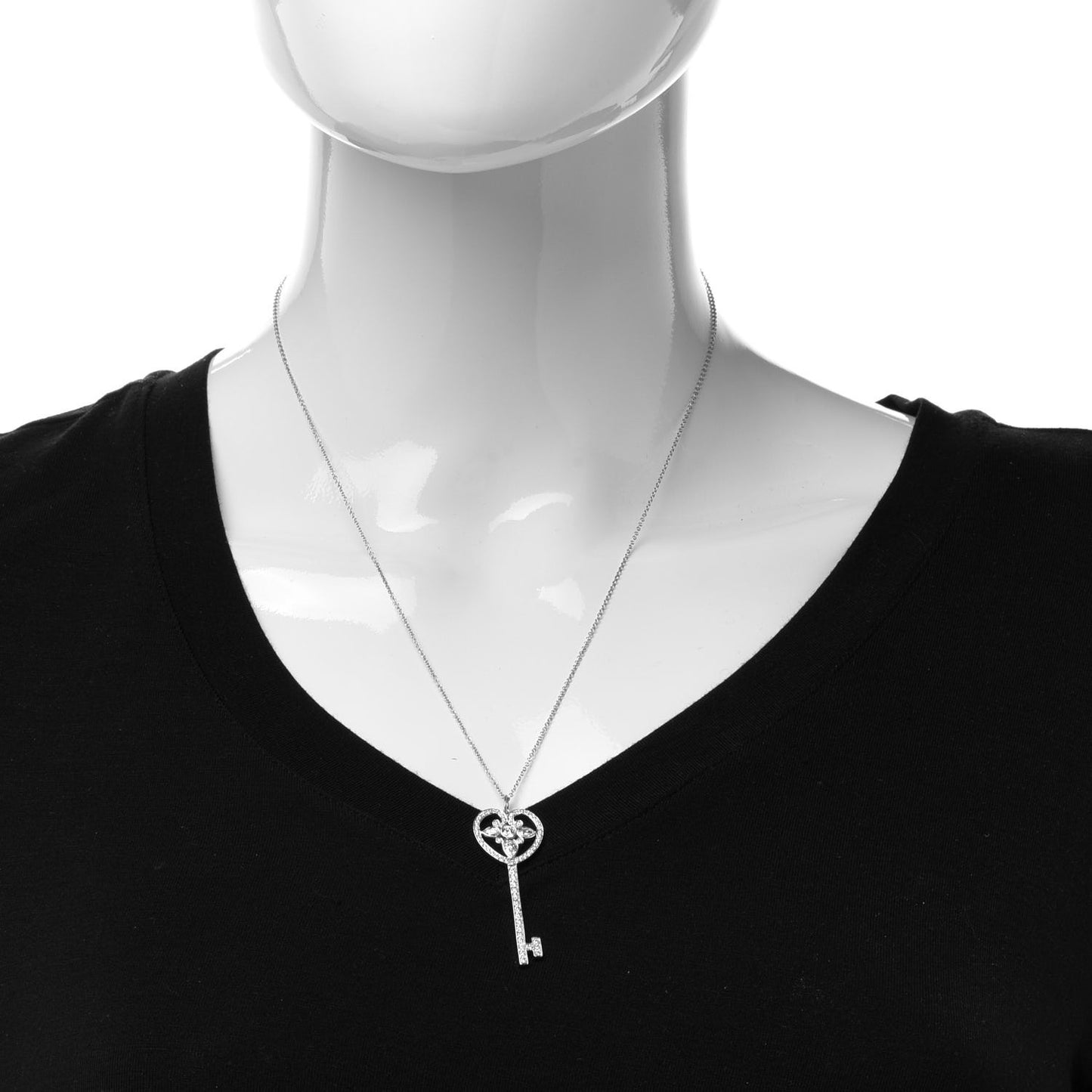 Platinum Diamond Ornate Heart Key Pendant Necklace