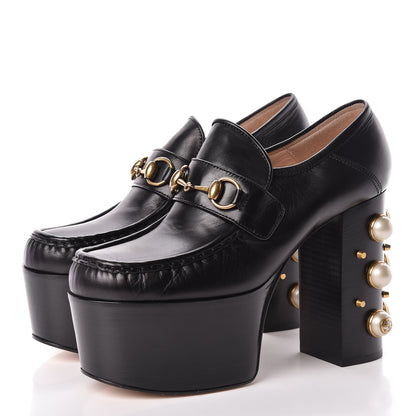 Gucci Malaga Kid Pearl Studded Vegas Platform Loafers 38.5 Black 3 of 8