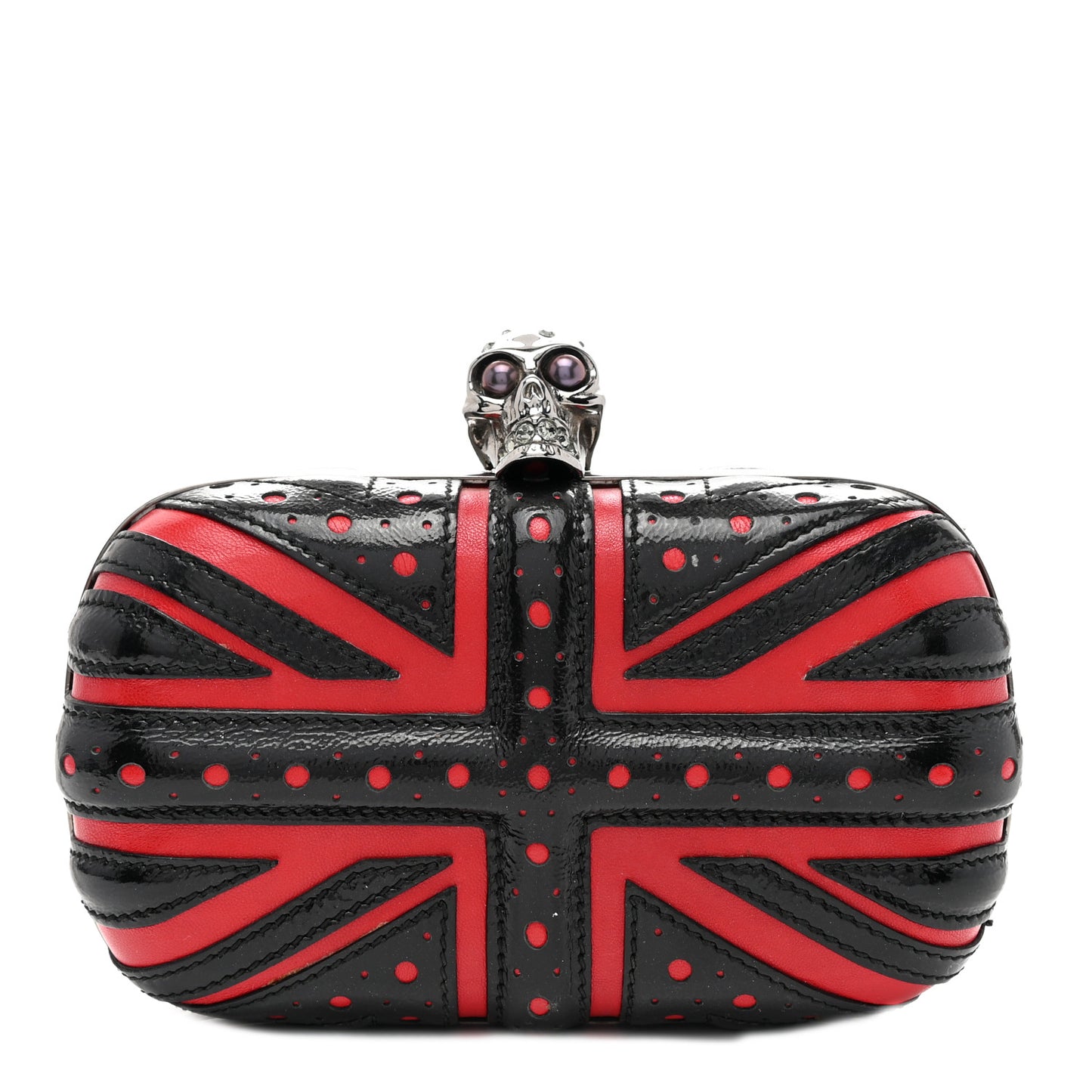 Patent Calfskin Britannia Skull Box Clutch Red Black