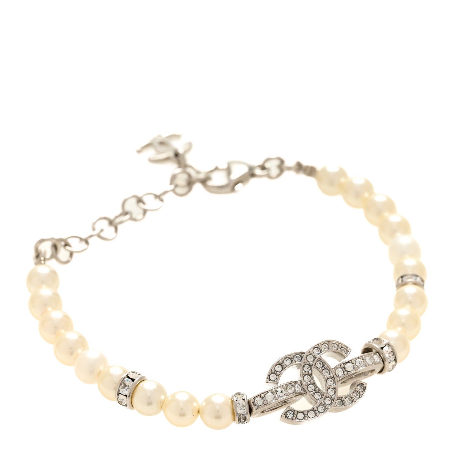 Chanel Pearl Crystal CC Bracelet White Silver 1 of 5