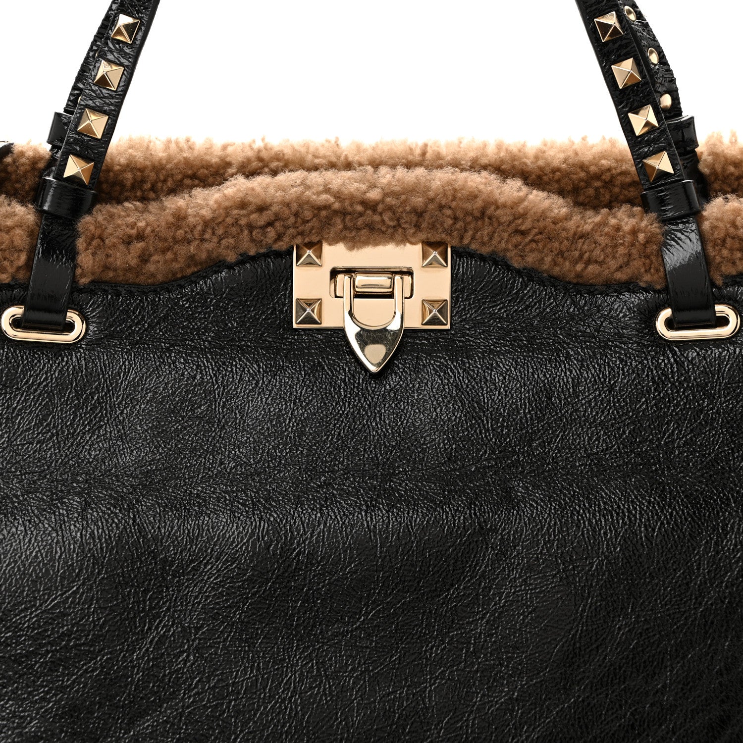 Valentino Garavani Textured Patent Calfskin Shearling Medium Rockstud Tote Black 7 of 11