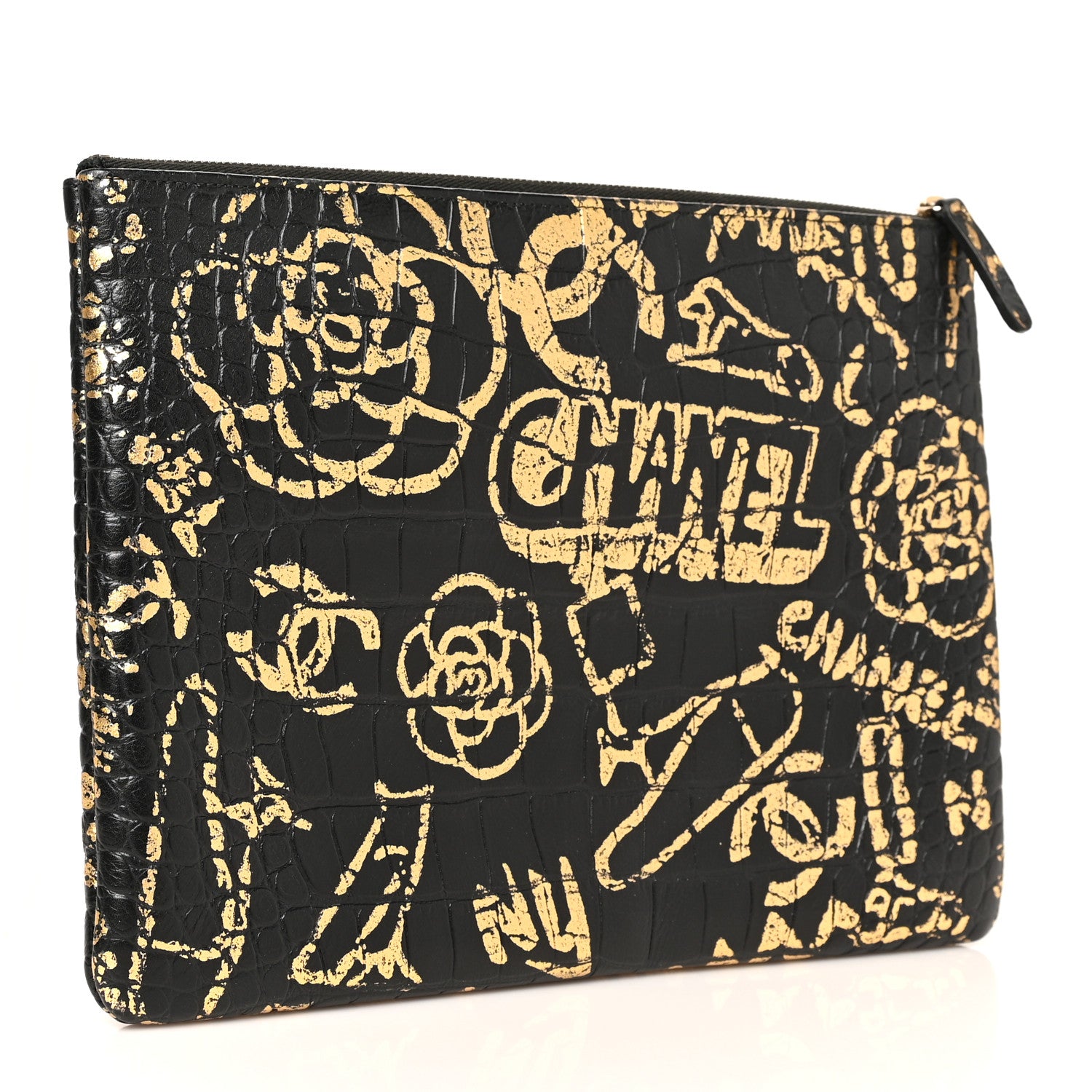 Chanel Calfskin Crocodile Embossed Graffiti 2.55 Medium Cocodile Reissue Cosmetic Case Black Gold 3 of 8