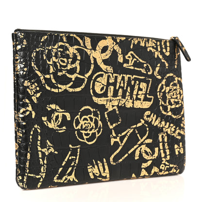 Chanel Calfskin Crocodile Embossed Graffiti 2.55 Medium Cocodile Reissue Cosmetic Case Black Gold 3 of 8