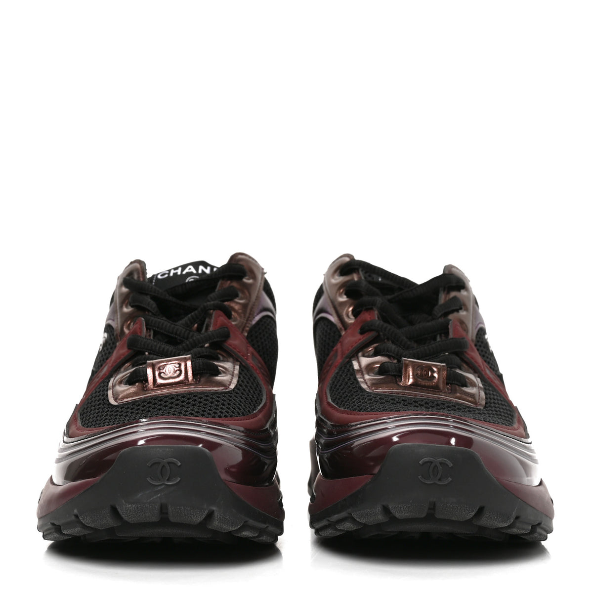 Chanel Fabric Laminated Calfskin Stretch CC Womens Sneakers 36 Black Purple Burgundy 3 of 9