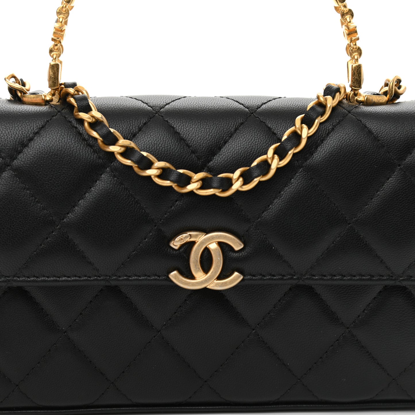 Lambskin Enamel Quilted Top Handle Flap Phone Holder With Chain Black
