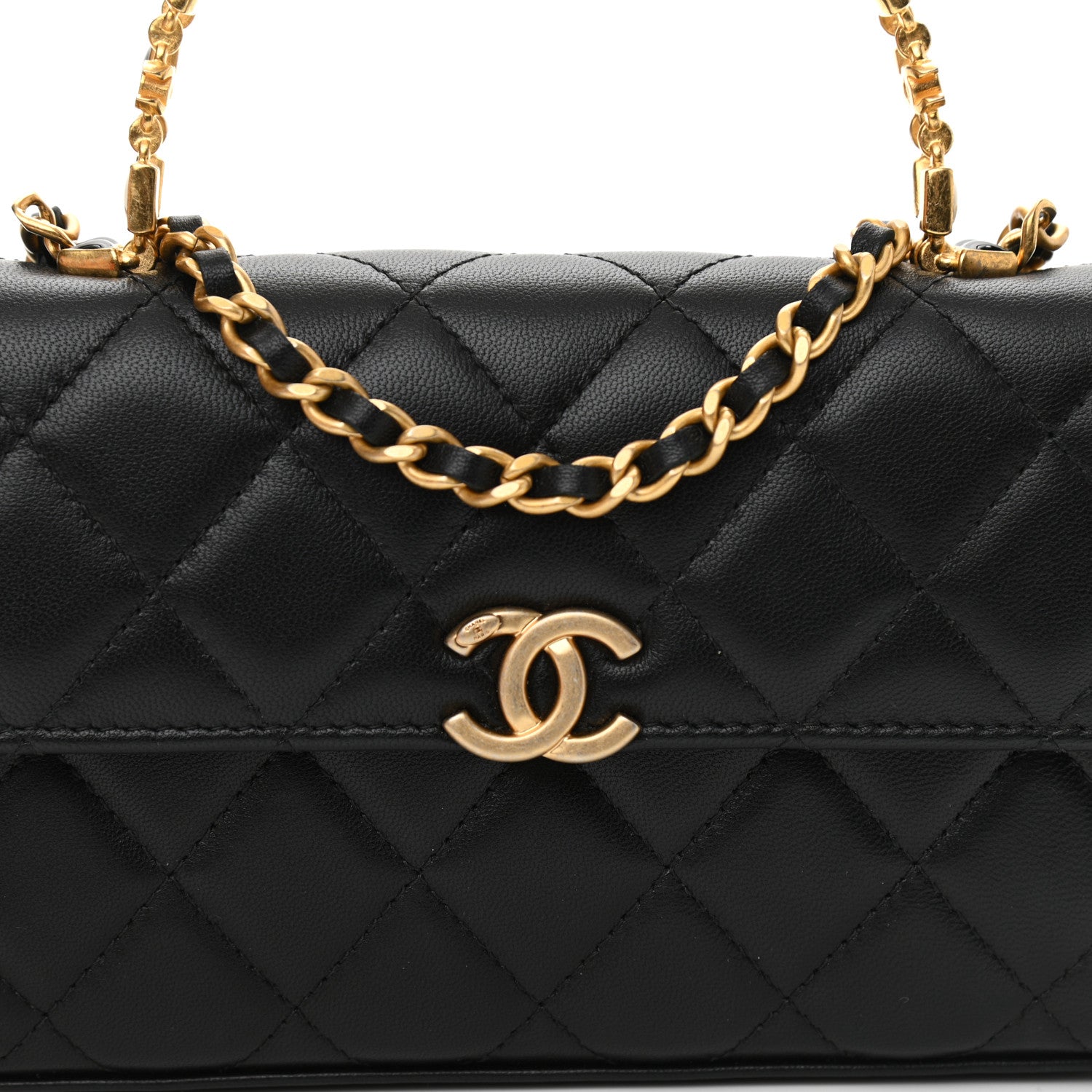 Chanel Lambskin Enamel Quilted Top Handle Flap Phone Holder With Chain Black 7 of 9
