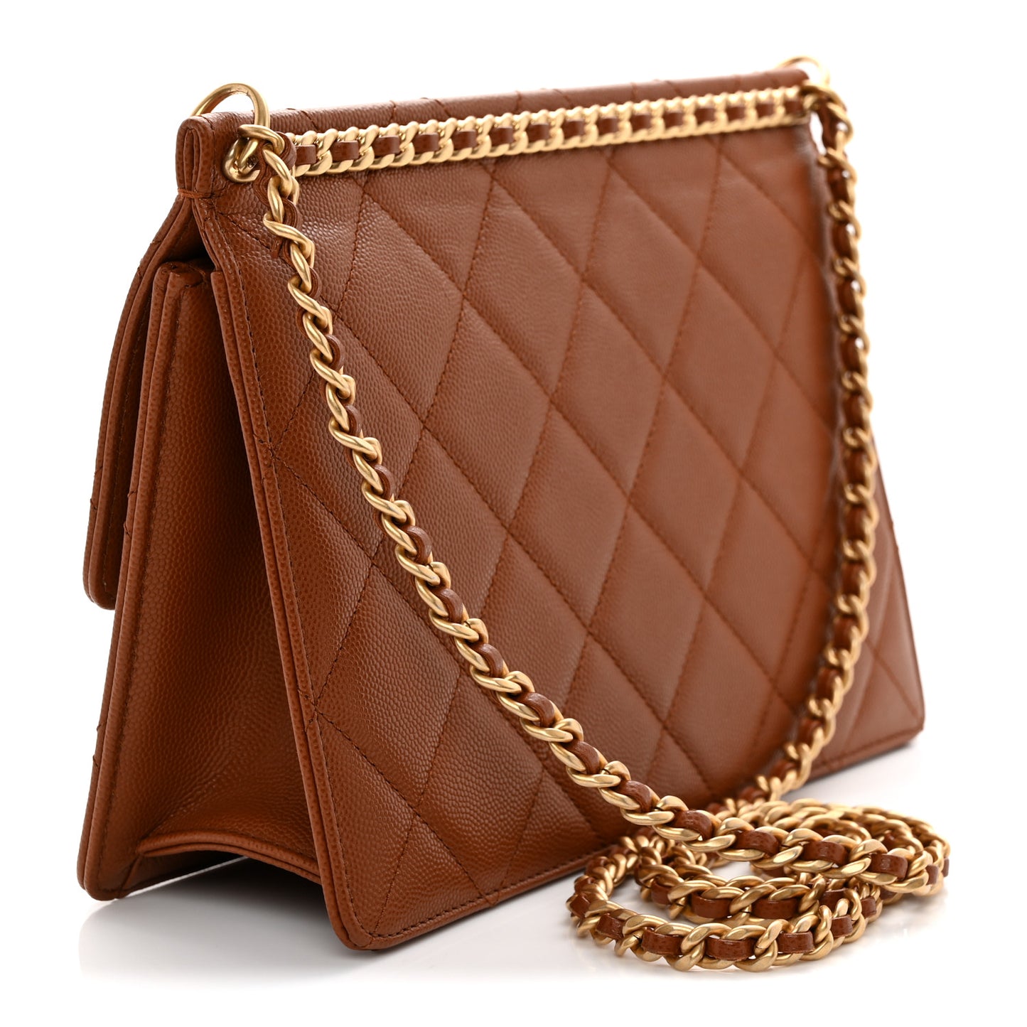 Caviar Quilted Chain Frame Flap Light Brown