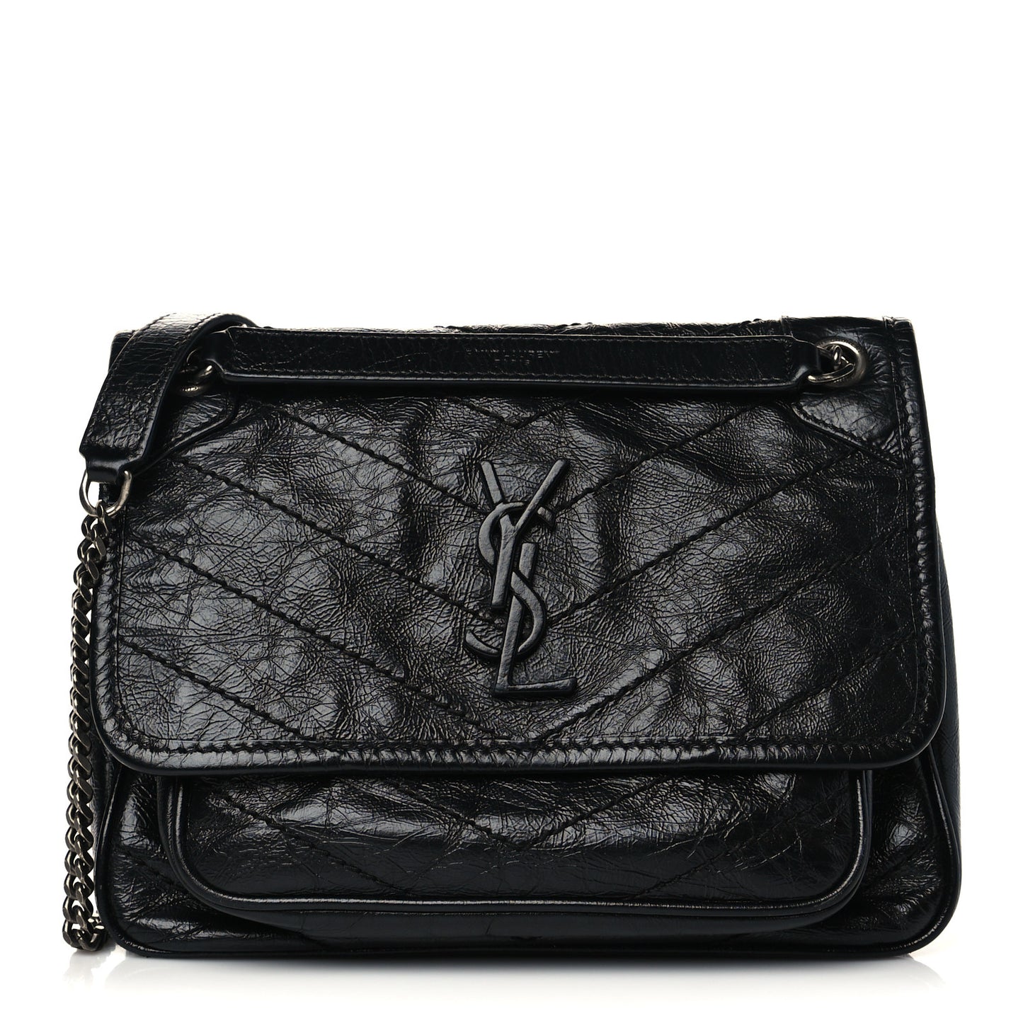 Crinkled Calfskin Matelasse Monogram Baby Niki Chain Satchel Black