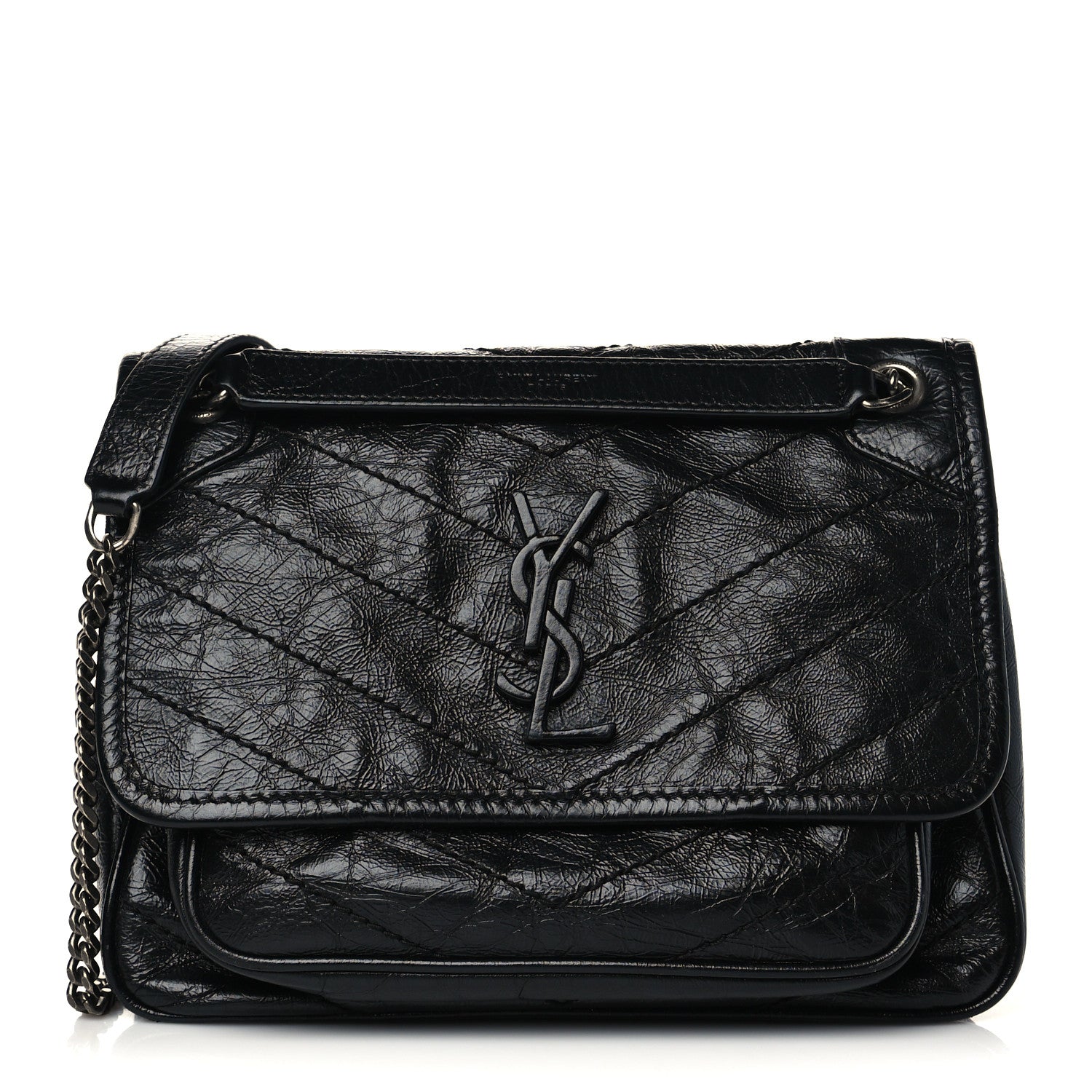 Saint Laurent Crinkled Calfskin Matelasse Monogram Baby Niki Chain Satchel Black 1 of 6