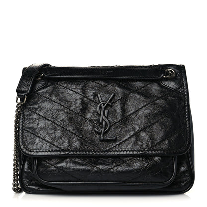 Saint Laurent Crinkled Calfskin Matelasse Monogram Baby Niki Chain Satchel Black 1 of 6