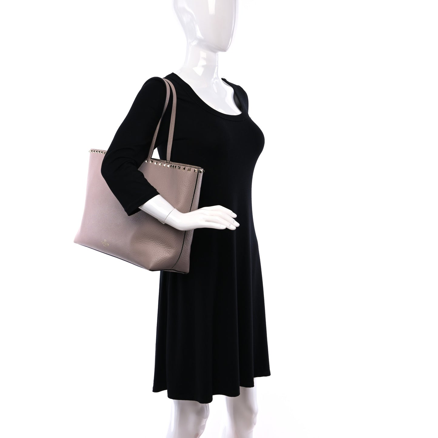 Grained Calfskin Rockstud Shoulder Tote Poudre
