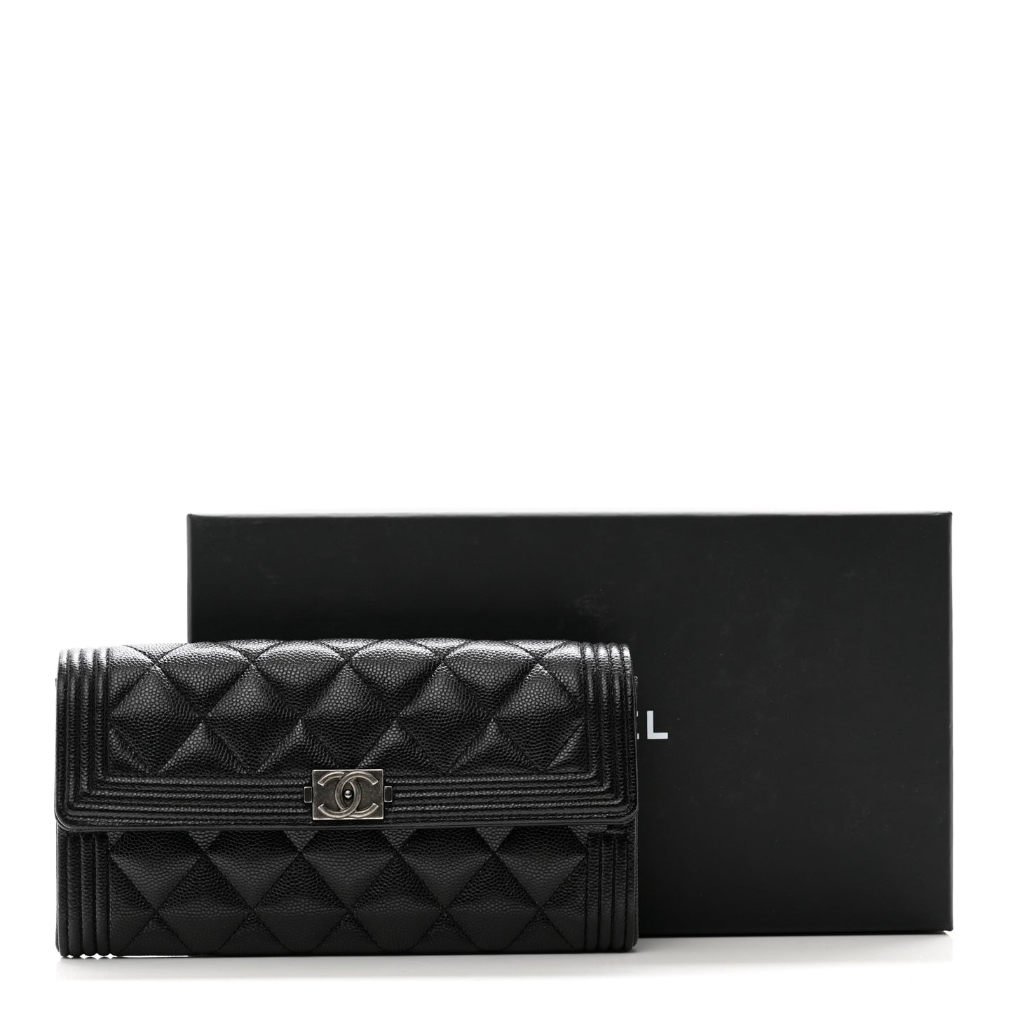 Caviar Quilted Large Boy Gusset Flap Wallet Black