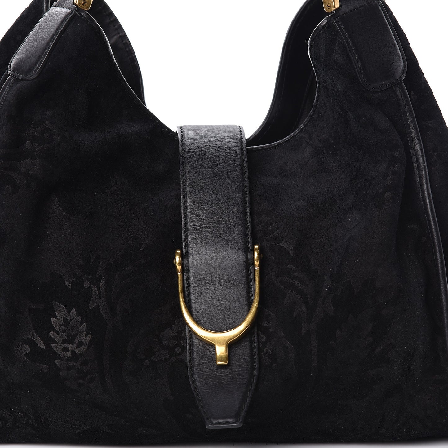 Nubuck Brocade Medium Soft Stirrup Shoulder Bag Black