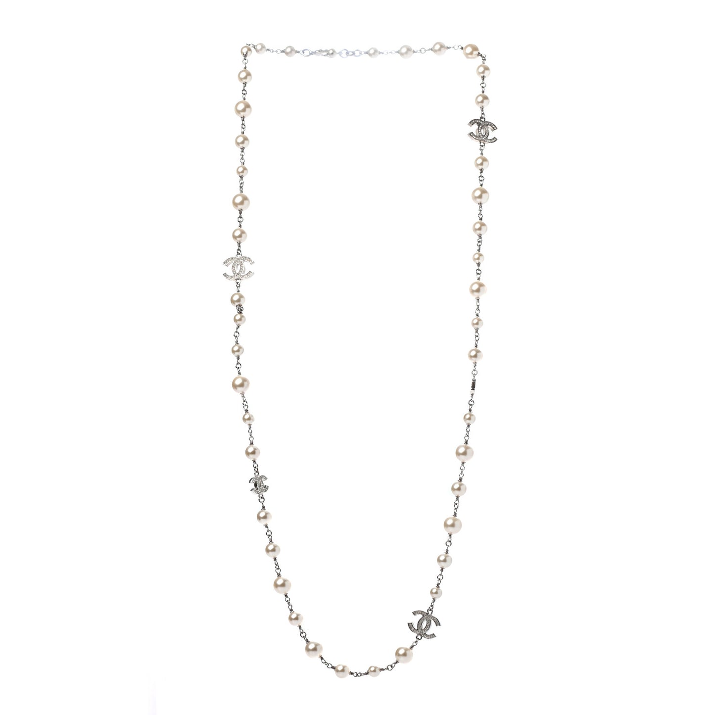 Crystal Pearl CC Long Necklace Silver