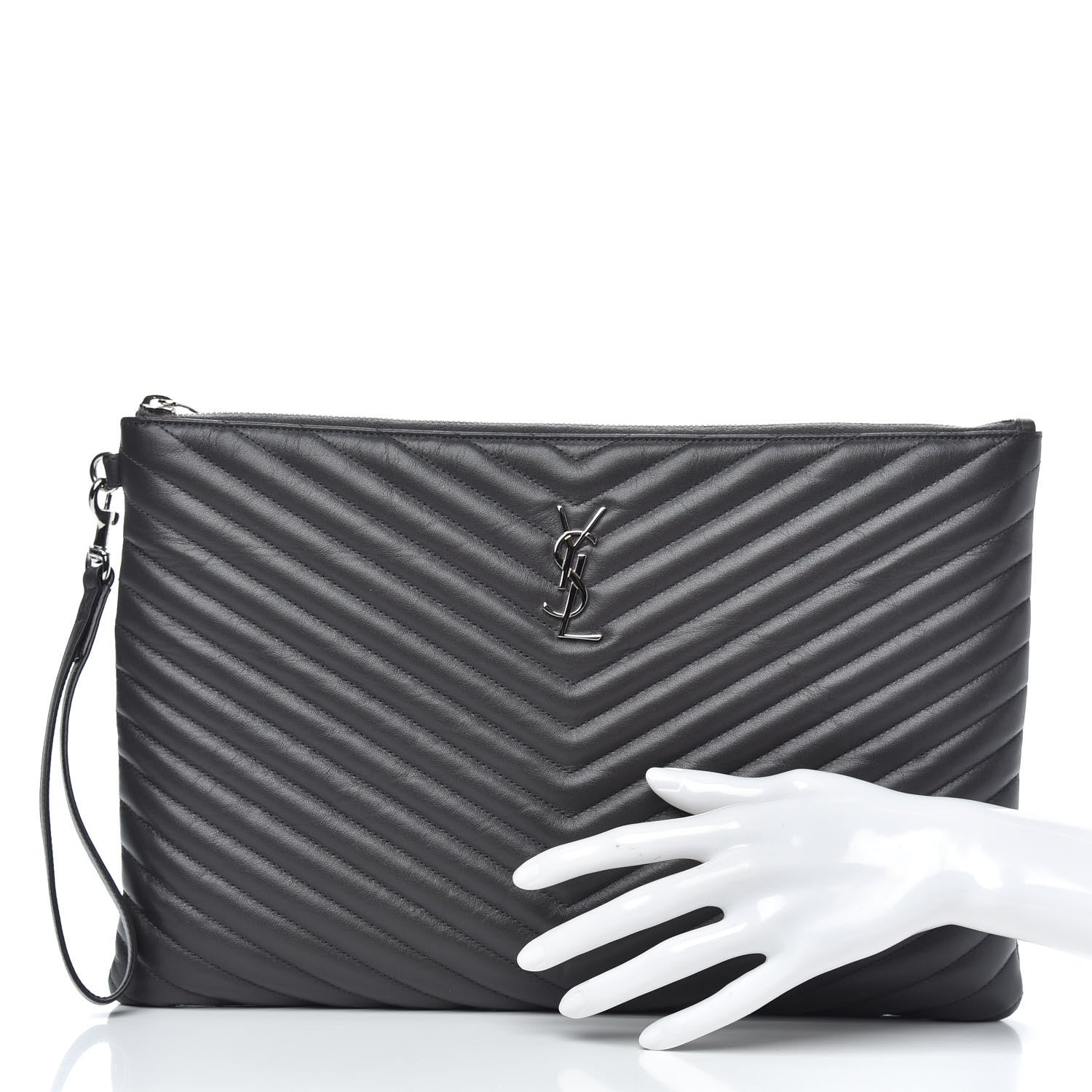 Saint Laurent Calfskin Matelasse Chevron Cassandre Monogram Document Holder Coal 2 of 8