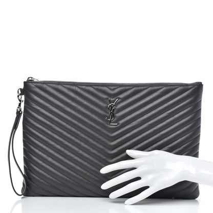 Saint Laurent Calfskin Matelasse Chevron Cassandre Monogram Document Holder Coal 2 of 8