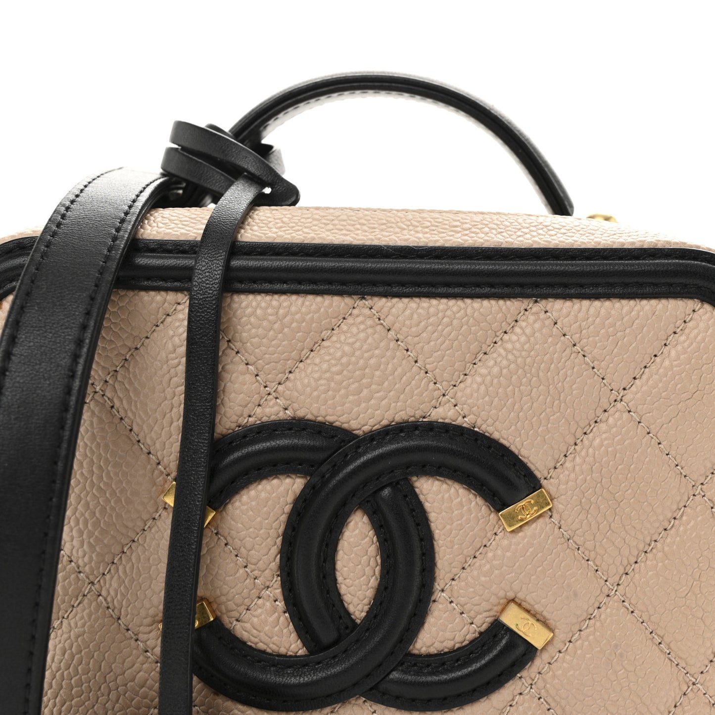 Caviar Quilted Small CC Filigree Vanity Case Beige Black