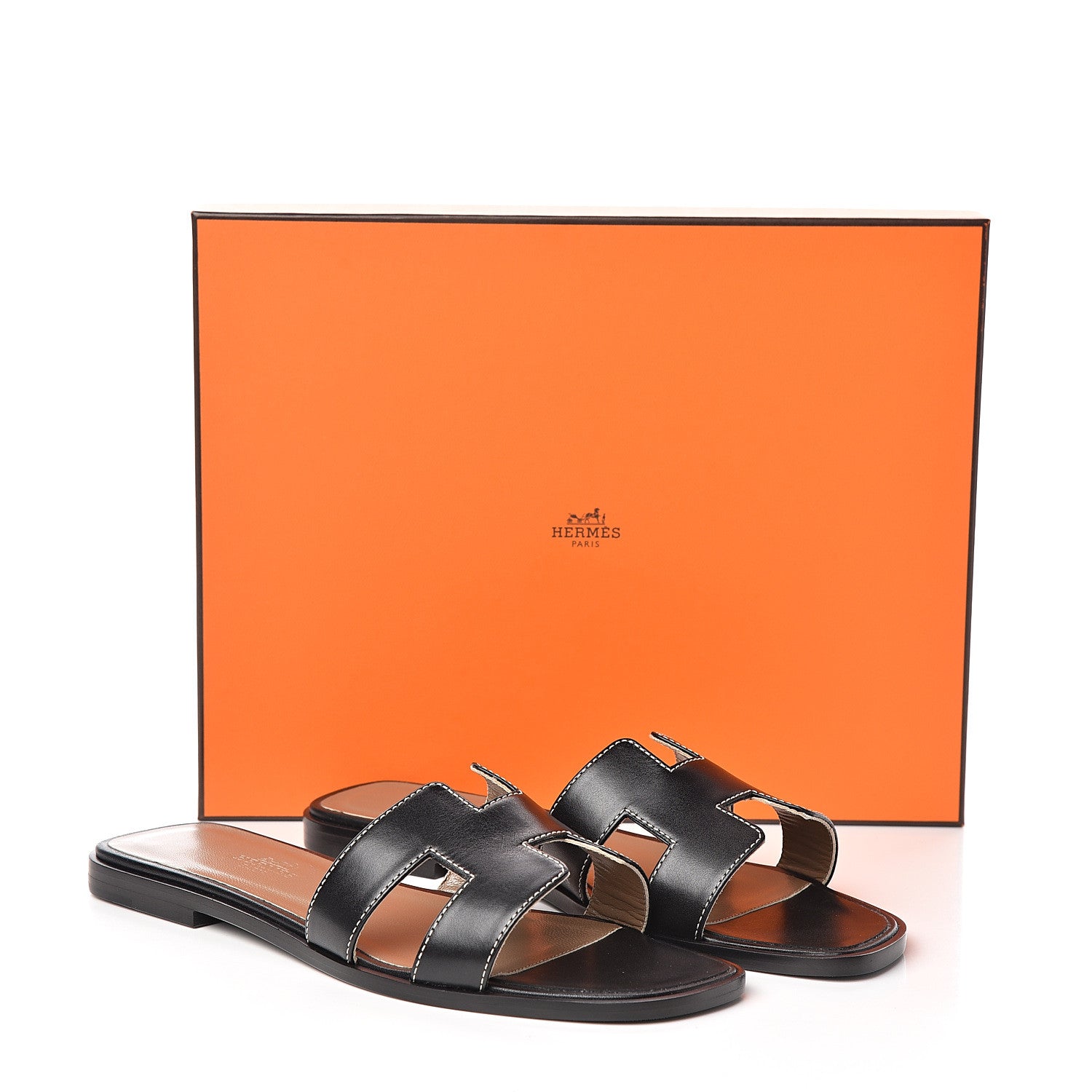 Hermes Box Calfskin Oran Sandals 37.5 Black 10 of 10