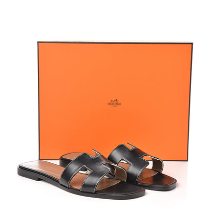 Hermes Box Calfskin Oran Sandals 37.5 Black 10 of 10