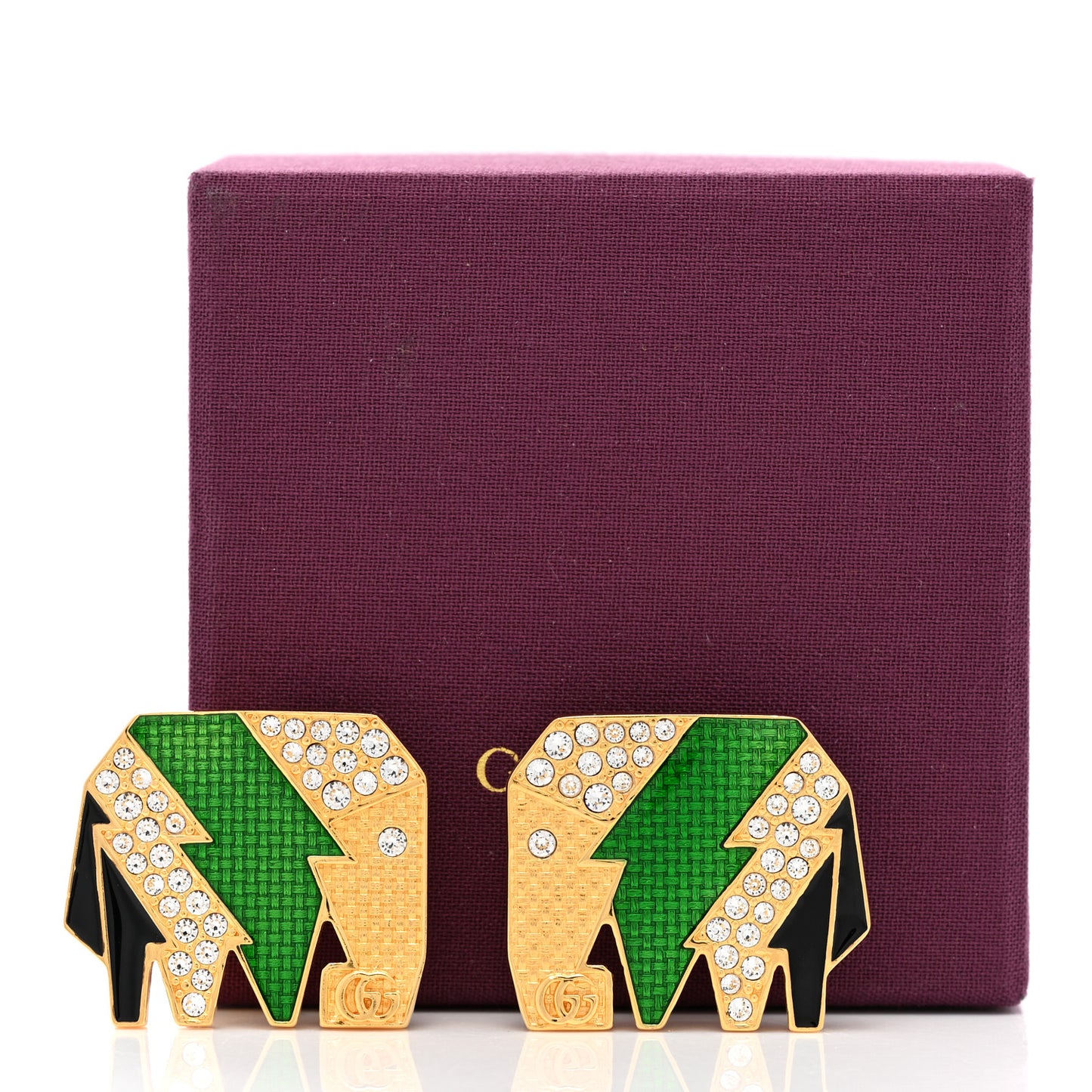 Metal Crystal Elephant Motif Clip On Earrings Green Gold