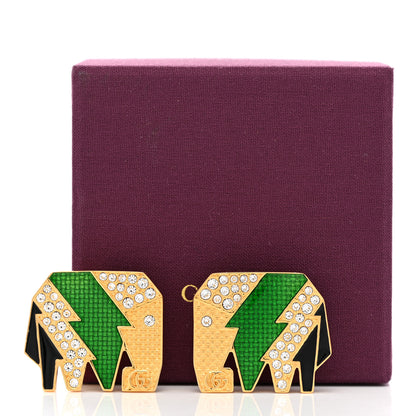 Gucci Metal Crystal Elephant Motif Clip On Earrings Green Gold 5 of 5