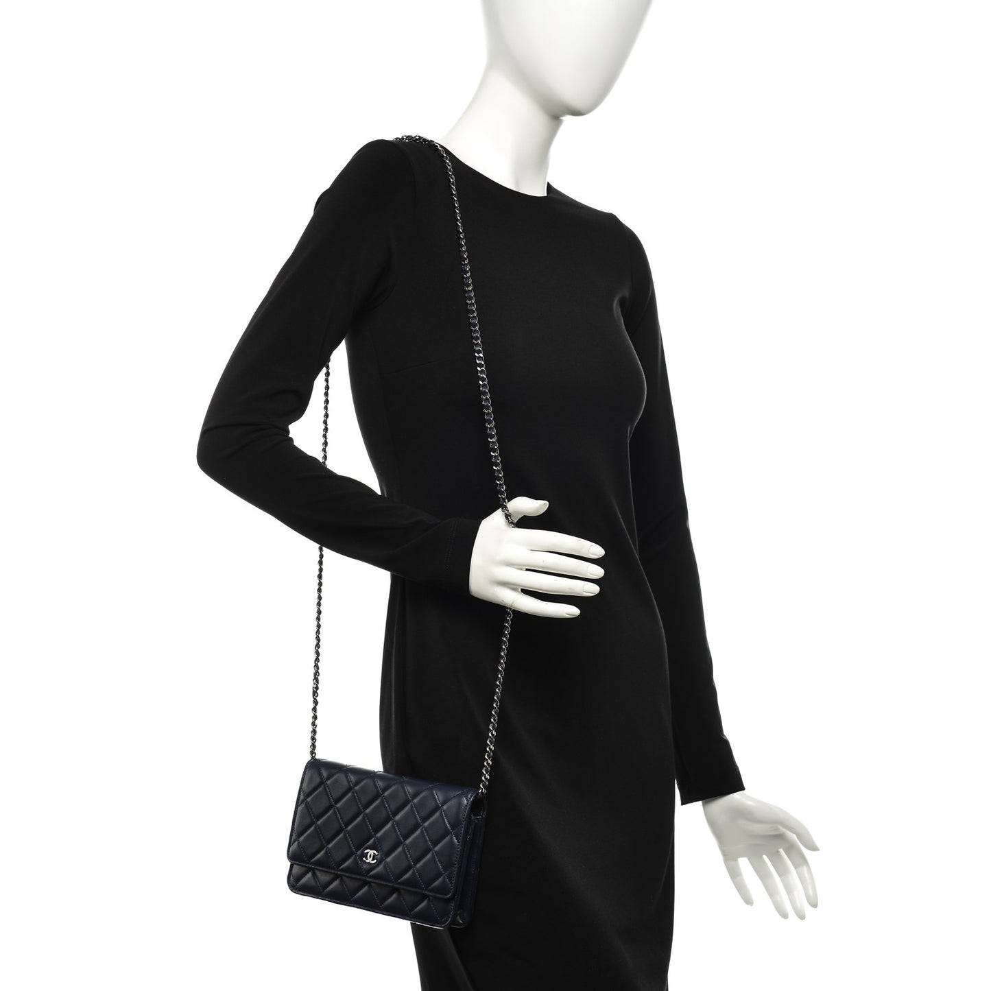 Lambskin Quilted Wallet On Chain WOC Navy Blue
