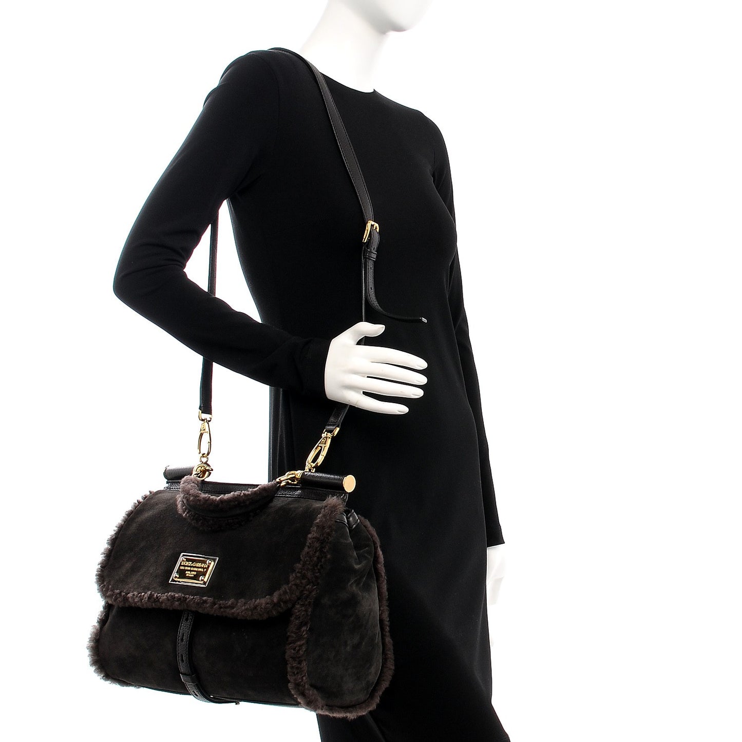 Suede Shearling Large Miss Sicily Satchel Brown