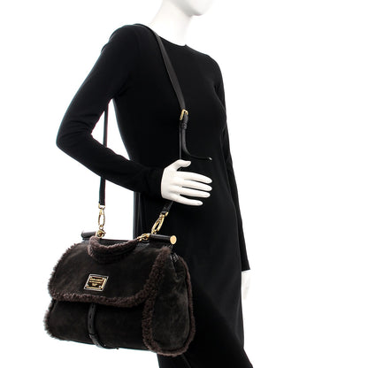 Dolce & Gabbana Suede Shearling Large Miss Sicily Satchel Brown 3 of 8