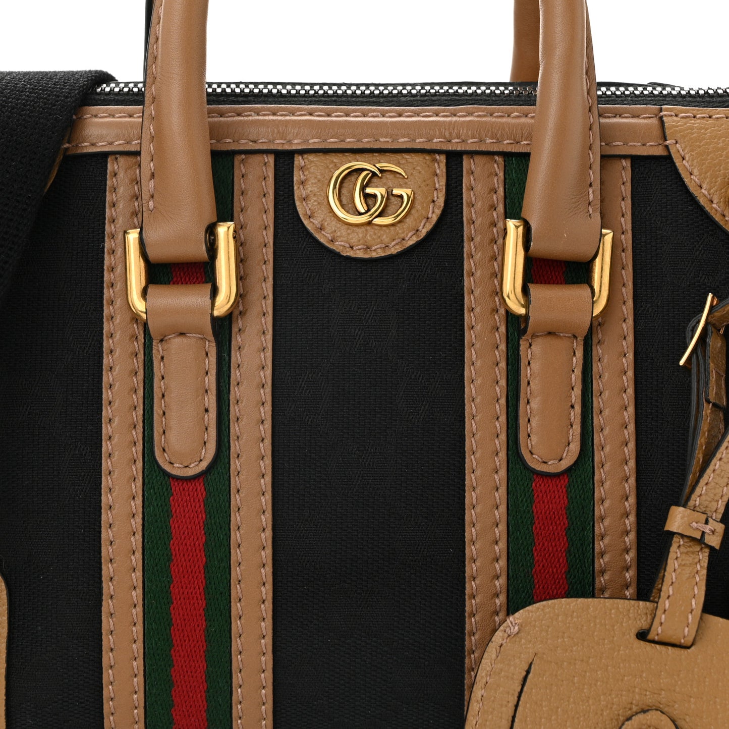 Monogram Textured Dollar Calfskin Web Mini Bauletto Duffle Top Handle Bag Black Koi Beige