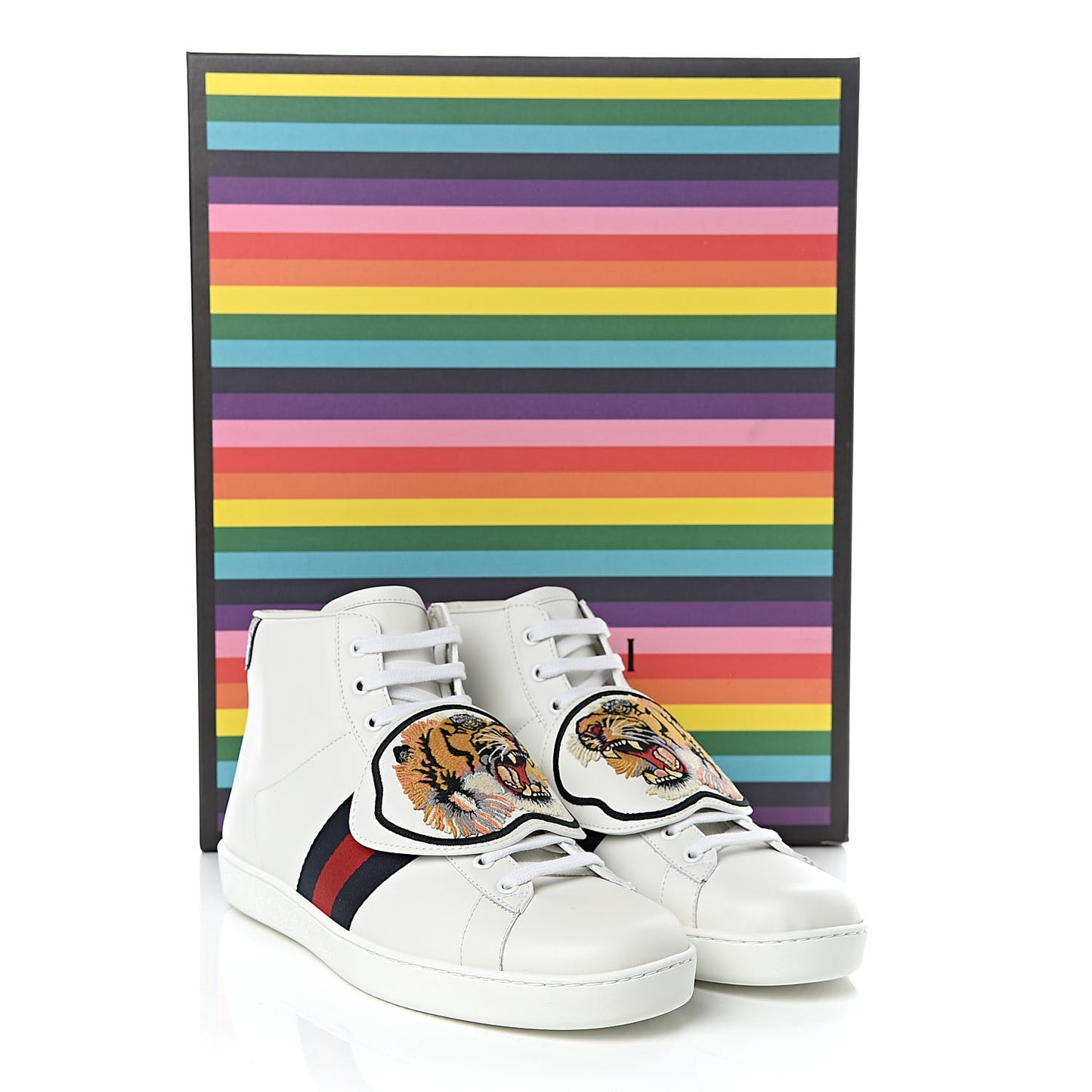 Calfskin Ayers Web Tiger Removable Patches Ace Mens High Top Sneakers 9 White