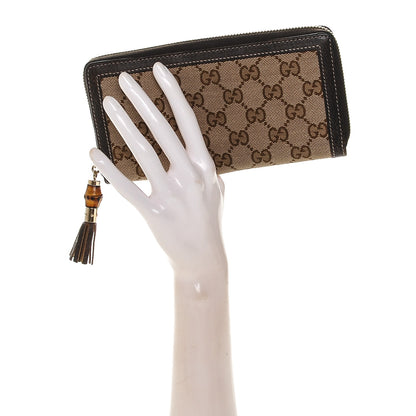 Gucci Monogram Calfskin Bamboo Tassel Zip Around Wallet Beige Ebony Chocolate 2 of 6