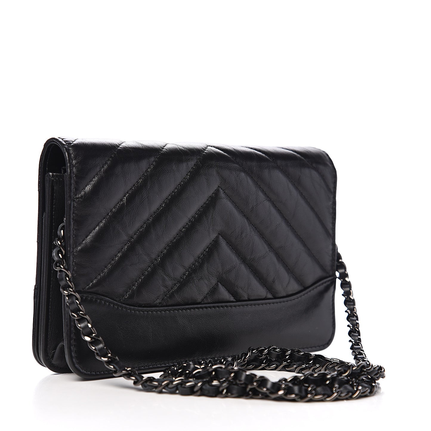 Aged Calfskin Chevron Quilted Gabrielle Wallet On Chain WOC Black