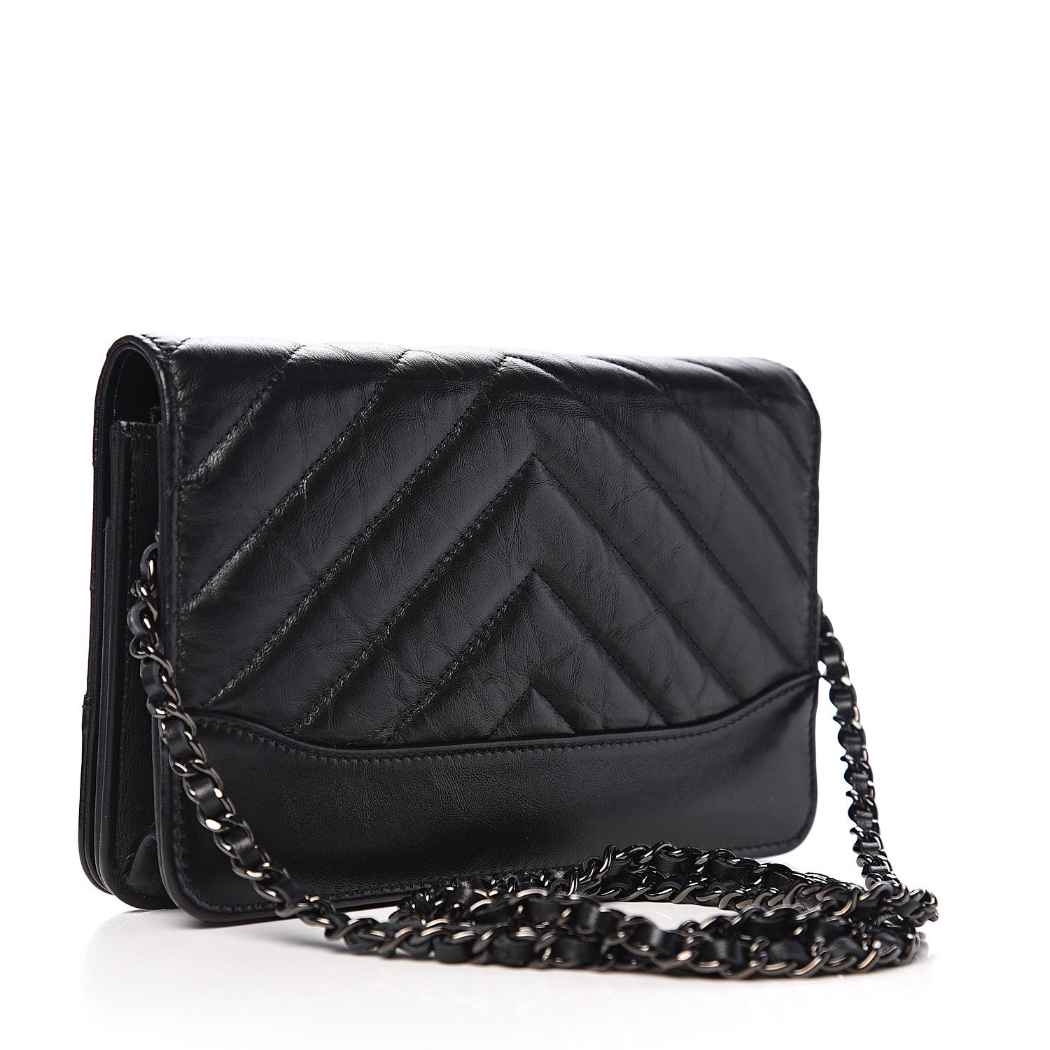 Chanel Aged Calfskin Chevron Quilted Gabrielle Wallet On Chain WOC Black 2 of 11