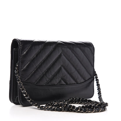 Chanel Aged Calfskin Chevron Quilted Gabrielle Wallet On Chain WOC Black 2 of 11