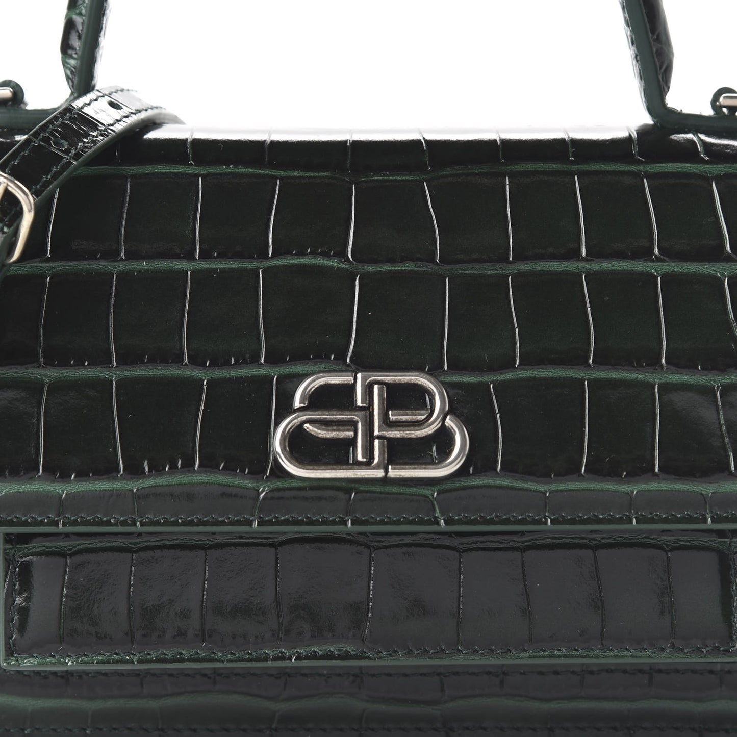 Shiny Calfskin Crocodile Embossed XS Sharp Top Handle Bag Forest Green