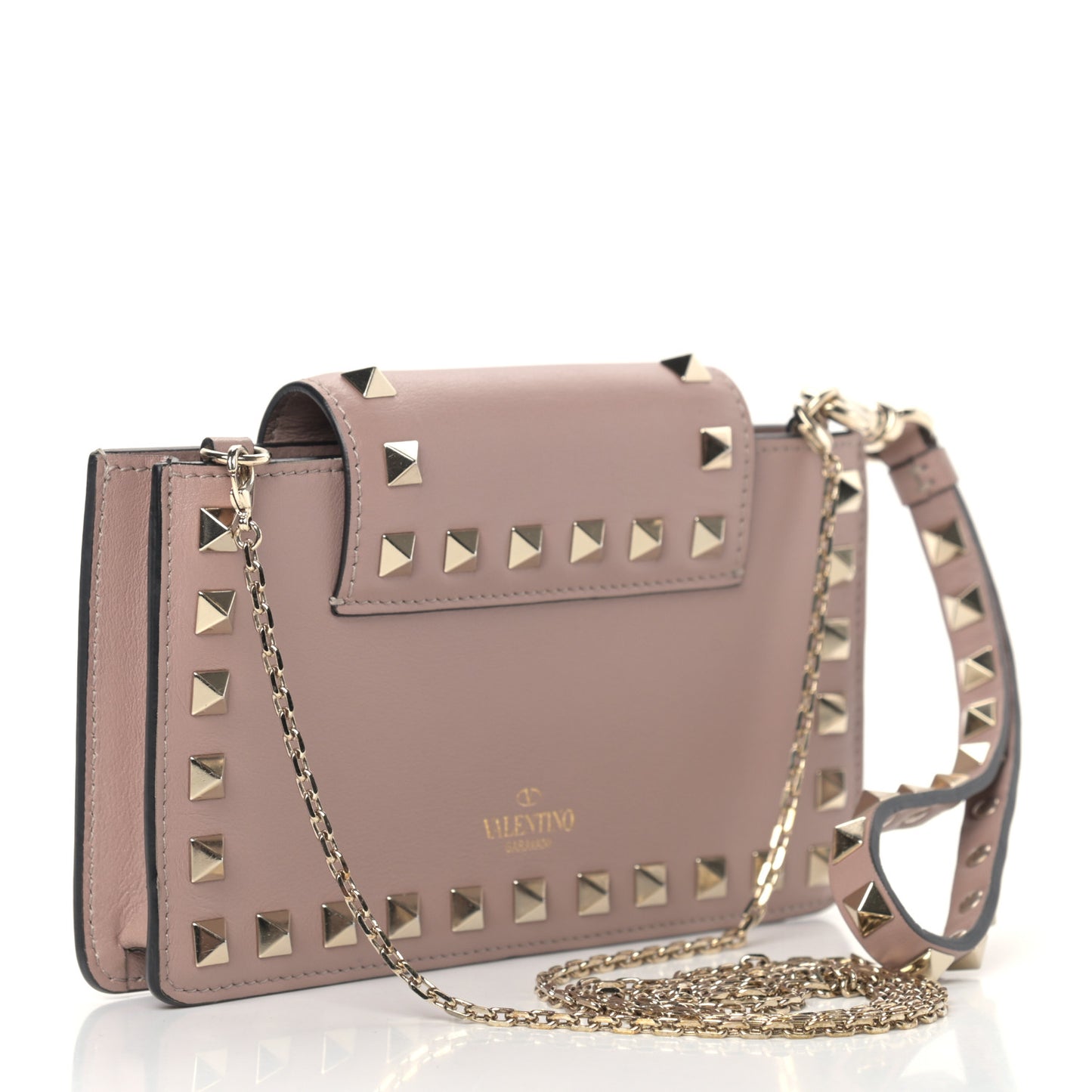 Calfskin Rockstud Phone Case With Chain Poudre