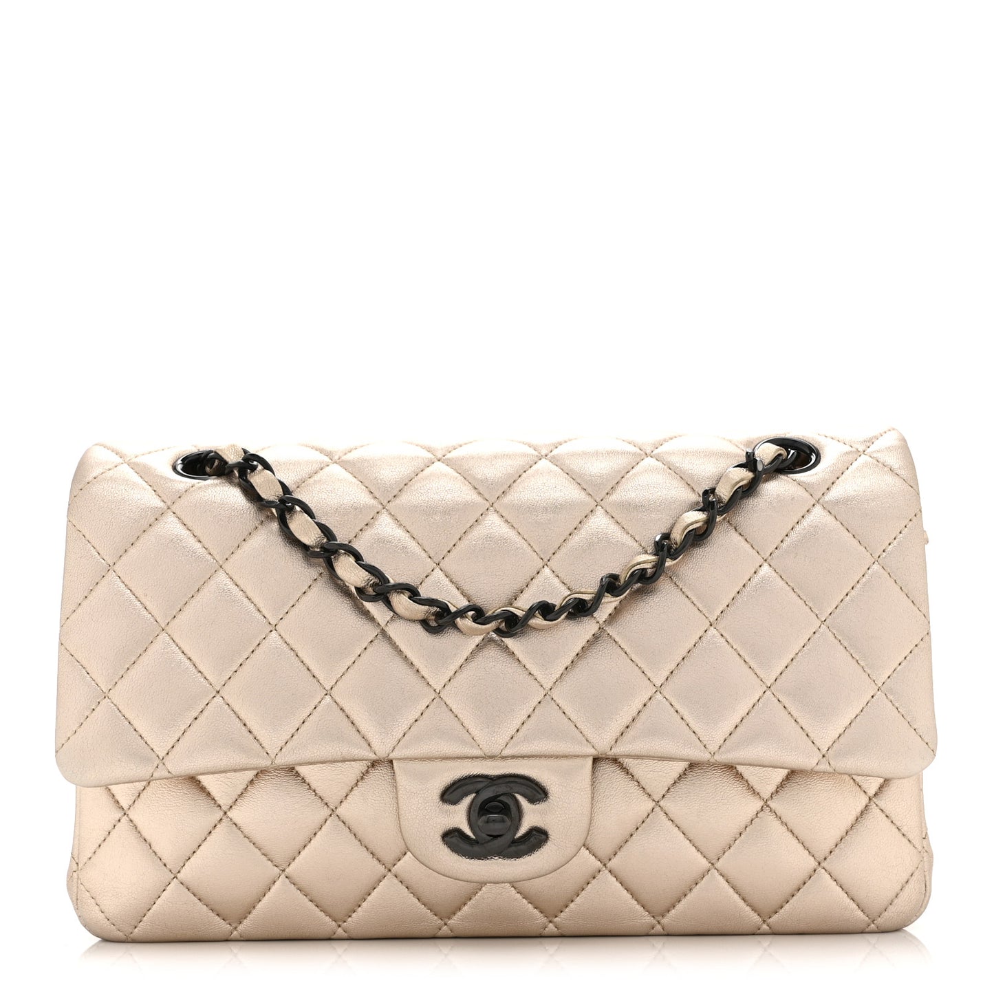 Metallic Lambskin Quilted Medium Double Flap Gold Black